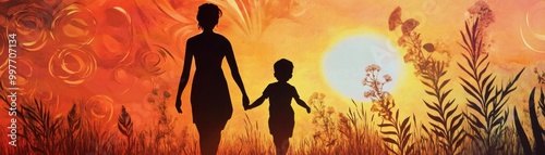Serene Moment in Nature - Mother and Child Walking through a Sunset Meadow with Abstract Patterns
