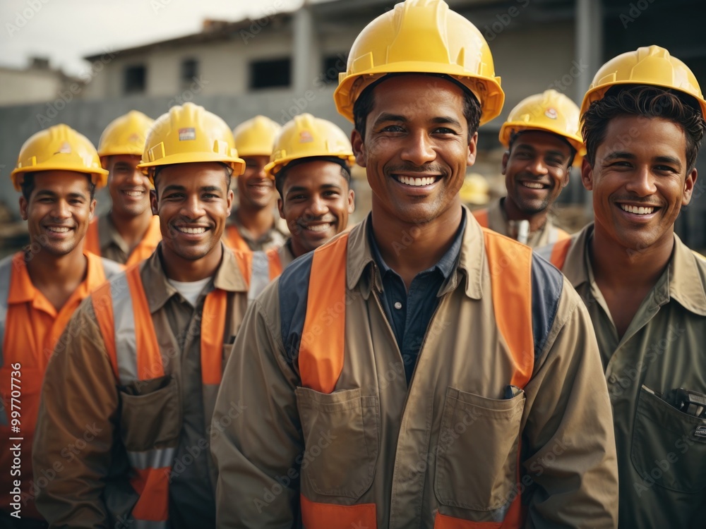 smiling construction workers wearing uniforms smiling construction workers wearing uniforms