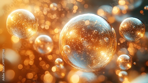 Golden bubbles bouncing between the membranes of transparent skin cells in a rhythmic flow photo