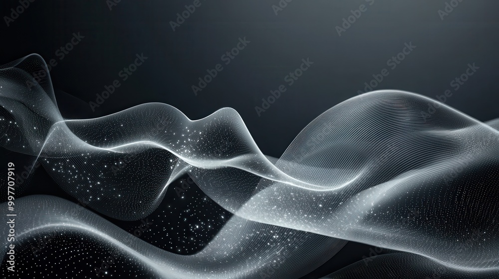 Obraz premium Abstract Wavy Lines with Glittering Particles on a Black Background