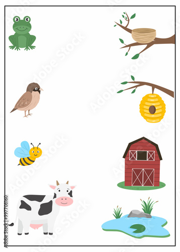 Matching animals with their homes worksheet, animal habitat activity for kids, animals and their homes printable 
