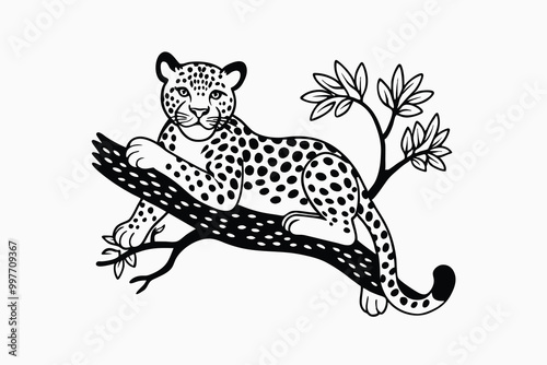 cheerful leopard lounging in a tree F.eps