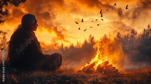 Serene Elder Enjoying Nature by the Campfire with Birds in Golden Sky