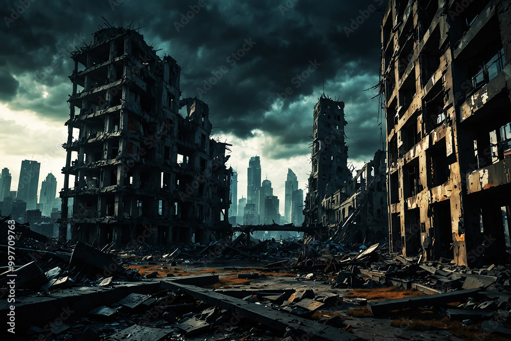 Fototapeta premium A ruined city. Destroyed buildings, destroyed roads, blown up skyscrapers. The concept of the apocalypse