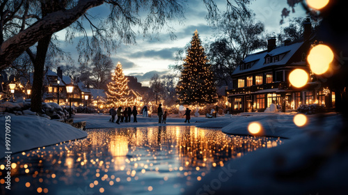 Festive village with Christmas lights and snow