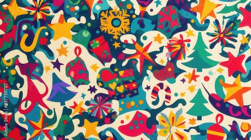 Brightly colored abstract design showcases Christmas elements such as trees, stars, snowflakes, and gifts creating a festive atmosphere. Generative AI