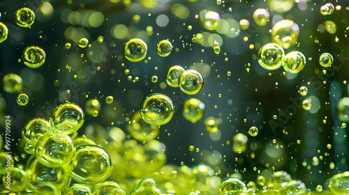 A highquality closeup photo of luminous green bubbles in fluid, perfect for scientific research, commercial use, or artistic projects, emphasizing vibrant and dynamic details