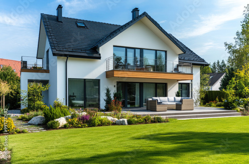 Modern house with a black roof and white walls, two floors, a terrace on the first floor, a garden in front of it, photo from the outside