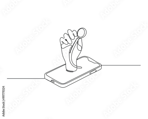 A continuous line drawing of a hand holding a stethoscope emerging from a smartphone screen, representing the fusion of technology with everyday life and the seamless link between digital and physical