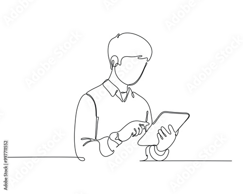 Simple continuous line drawing of a male holding and looking at a tablet, symbolizing modern technology and digital engagement.