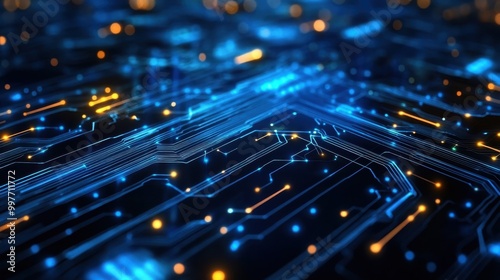 Abstract Digital Circuitry with Glowing Blue and Orange Lines