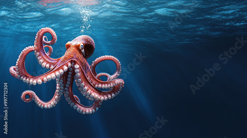 World Octopus Day. Octopus in the sea. Cute octopus in an underwater coral reef. Colorful octopuses in anemones on the background of coral reefs. Beautiful octopus underwater. Copy space area