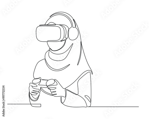 A young muslim female on hijab wearing a virtual reality (VR) headset and headphones, holding a game controller, symbolizing immersive technology and modern gaming experiences.