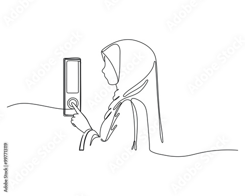 line drawing of a young woman wearing a hijab and looking at a mobile phone, symbolizing modern technology use and digital connectivity.