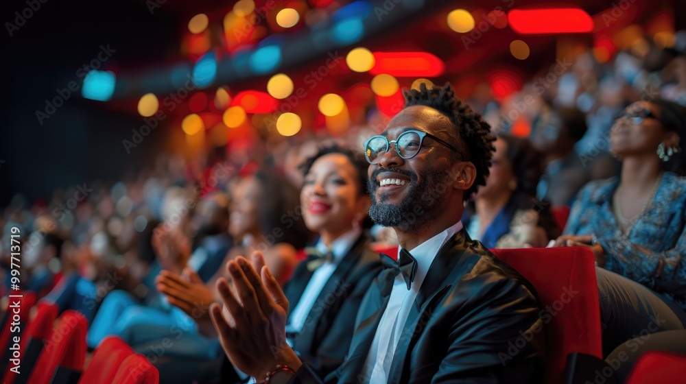 audience in formal wear applauds joyfully at event. audience in formal wear applauds joyfully at event.
