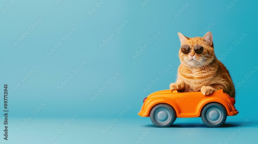 Cute cat in sunglasses driving toy car on blue background. Cute cat in sunglasses driving toy car on blue background.