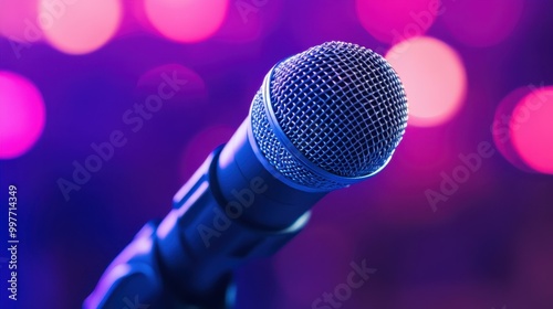 Vibrant closeup of a microphone at a nightclub, ready for karaoke and live performances under colorful lights.