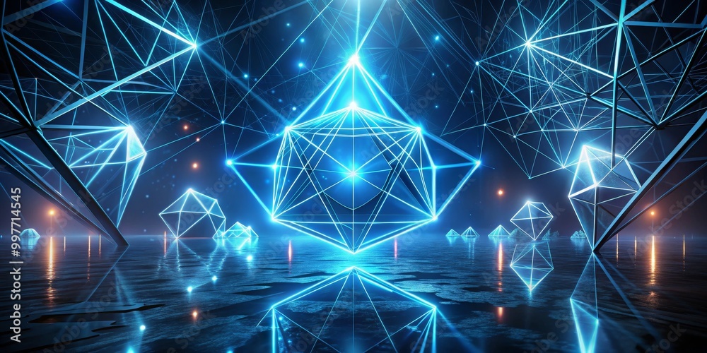 Crystal Blue Dimension Abstract Geometric 3D Rendering with Luminous Structures on Reflective Surface, Futuristic Technology Concept, Symmetrical Composition for Wallpaper,