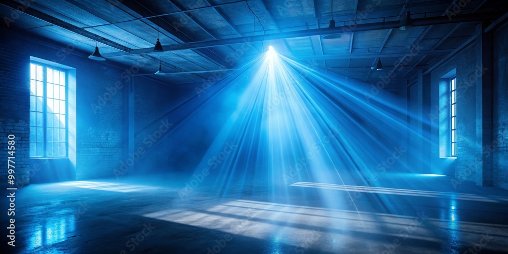 Obraz premium Dramatic Blue Spotlight in Industrial Empty Room Mystery Light and Shadows Minimalist Urban Architecture Photograhy