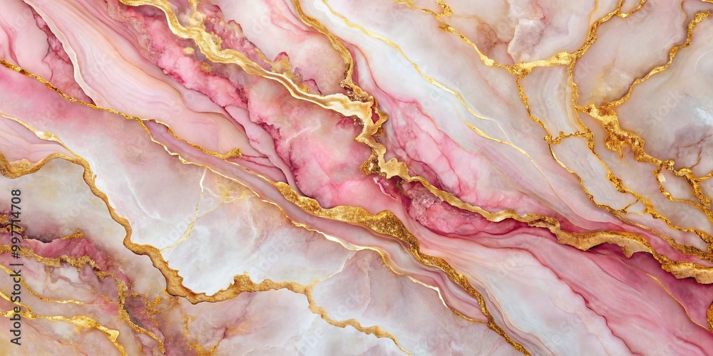 Elegant Pink and Gold Marble Swirls - Luxurious Macro View with Shimmering Metallic Accents, Serene and Sophisticated Design for Fashion, Interiors, and More