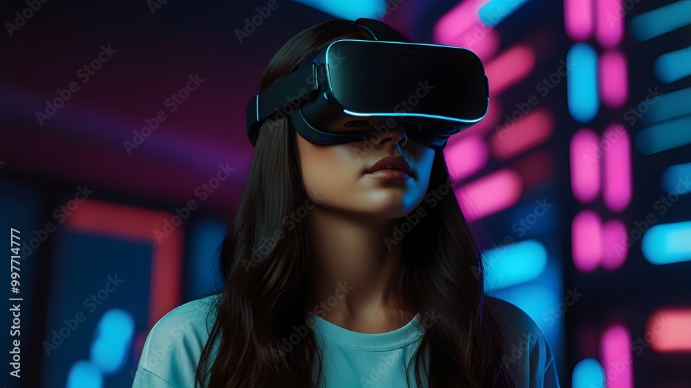 Young woman playing game in VR headset, having fun in virtual reality world Young woman playing game in VR headset, having fun in virtual reality world