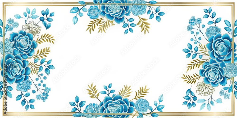 Golden Blooms Luxurious Blue Floral Border in Ornate Frame on White Background - Elegant Wedding Design and Decor Concept Golden Blooms Luxurious Blue Floral Border in Ornate Frame on White Background - Elegant Wedding Design and Decor Concept