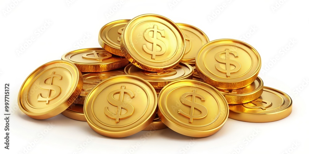 Golden Prosperity Shiny Dollar Symbol Coins Pile on White, Wealthy Finance Concept, Financial Abundance Background, Coin Collection Wealthy Luxury Investment Savings, Money Golden Prosperity Shiny Dollar Symbol Coins Pile on White, Wealthy Finance Concept, Financial Abundance Background, Coin Collection Wealthy Luxury Investment Savings, Money