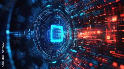 Abstract Futuristic Tunnel with Blue and Red Glowing Lines and Shapes