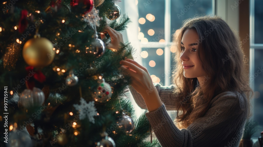Beautiful woman celebrating Christmas at home. Girl in a seasonal winter interior. The concept of holidays. Beautiful woman celebrating Christmas at home. Girl in a seasonal winter interior. The concept of holidays.