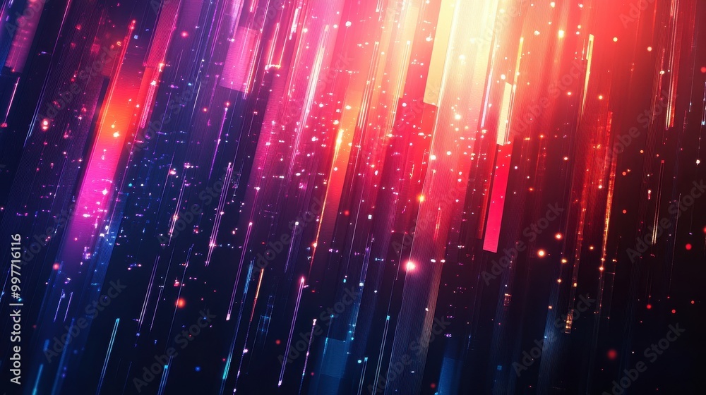 Fototapeta premium Abstract Background with Diagonal Red, Orange, and Purple Lines and Glowing Spots