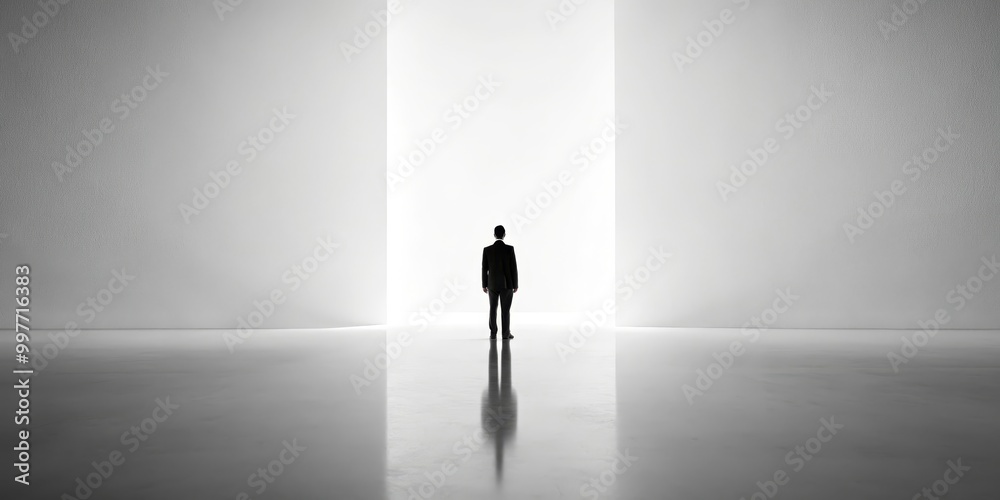 Solitary Contemplation Minimalist Silhouette in Infinite White Space - Symbol of Possibility and Choice for Modern Concepts and Designs Solitary Contemplation Minimalist Silhouette in Infinite White Space - Symbol of Possibility and Choice for Modern Concepts and Designs
