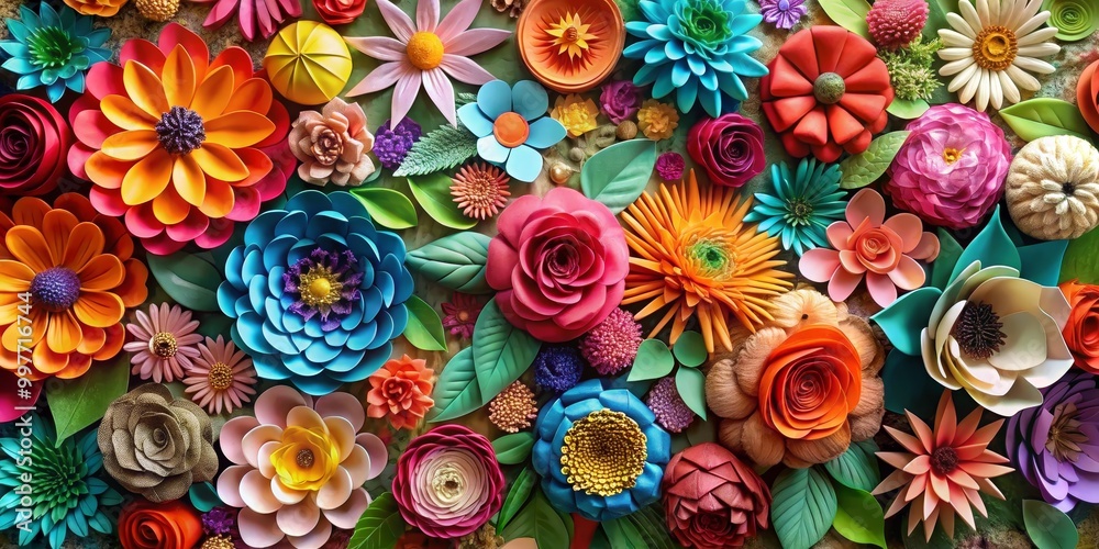 Vibrant Paper Floral Close-Up Whimsical Festive Flower Arrangement with Dynamic Colors, Textures, and Playful Composition - Ideal for Celebratory Events and Artistic Designs Vibrant Paper Floral Close-Up Whimsical Festive Flower Arrangement with Dynamic Colors, Textures, and Playful Composition - Ideal for Celebratory Events and Artistic Designs