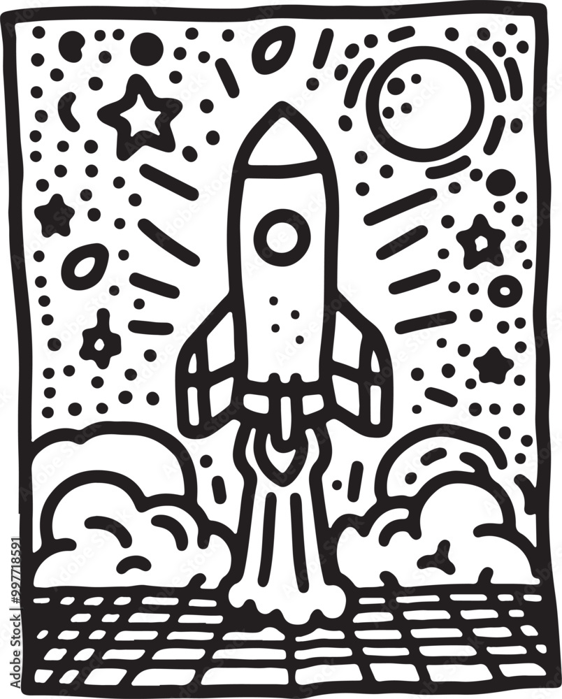 a rocket ship blasting off from a pad, with smoke line art silhouette design vector art illustration a rocket ship blasting off from a pad, with smoke line art silhouette design vector art illustration