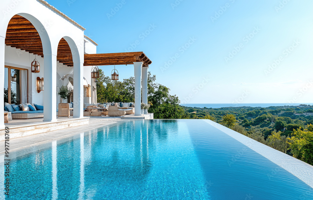 an elegant pool with blue water, reflecting the clear sky and ...