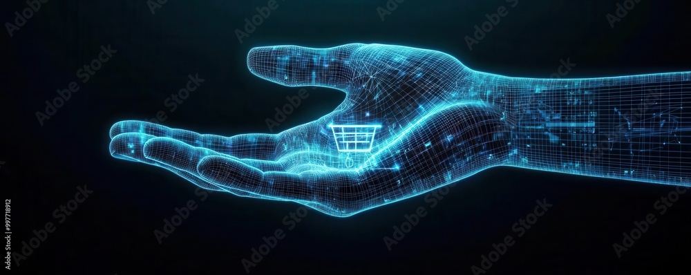 A digital hand blocking international ecommerce, with goods unable to cross virtual borders, trade barrier, online commerce restrictions