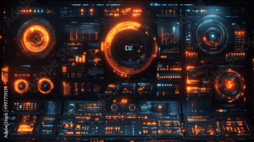 Futuristic Interface with Glowing Orange and Blue Lights