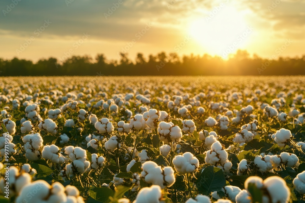 Fototapeta premium Sustainable cotton grown in pesticide-free fields, bright, healthy agricultural setting, organic cotton farming, eco-friendly textile production