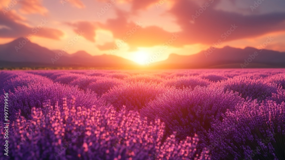 A vibrant lavender field at sunset with mountains in the background. A vibrant lavender field at sunset with mountains in the background.