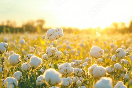 Sustainable cotton grown in pesticide-free fields, bright, healthy agricultural setting, organic cotton farming, eco-friendly textile production photo