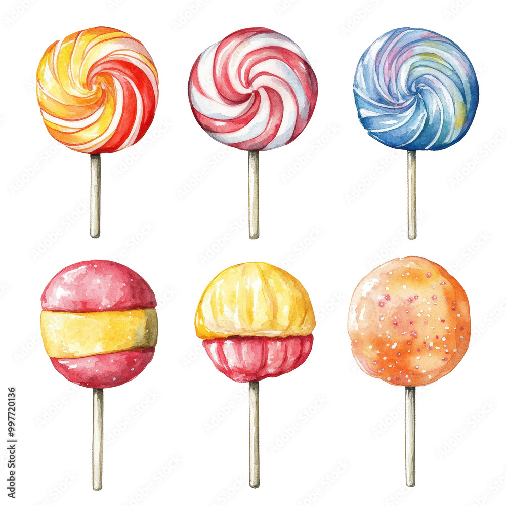 A set of six lollipops with different colors and flavors. The colors include red, yellow, orange, blue, and white. The lollipops are arranged in a row, with each one having a unique design and flavor A set of six lollipops with different colors and flavors. The colors include red, yellow, orange, blue, and white. The lollipops are arranged in a row, with each one having a unique design and flavor