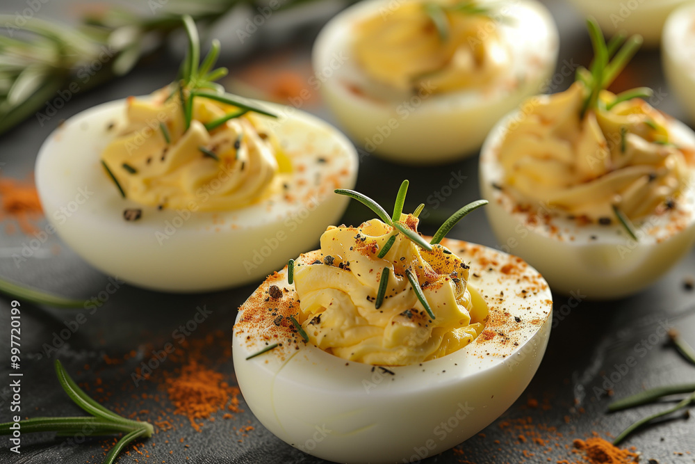 Classic deviled eggs appetizer topped with fresh rosemary for a unique touch Classic deviled eggs appetizer topped with fresh rosemary for a unique touch