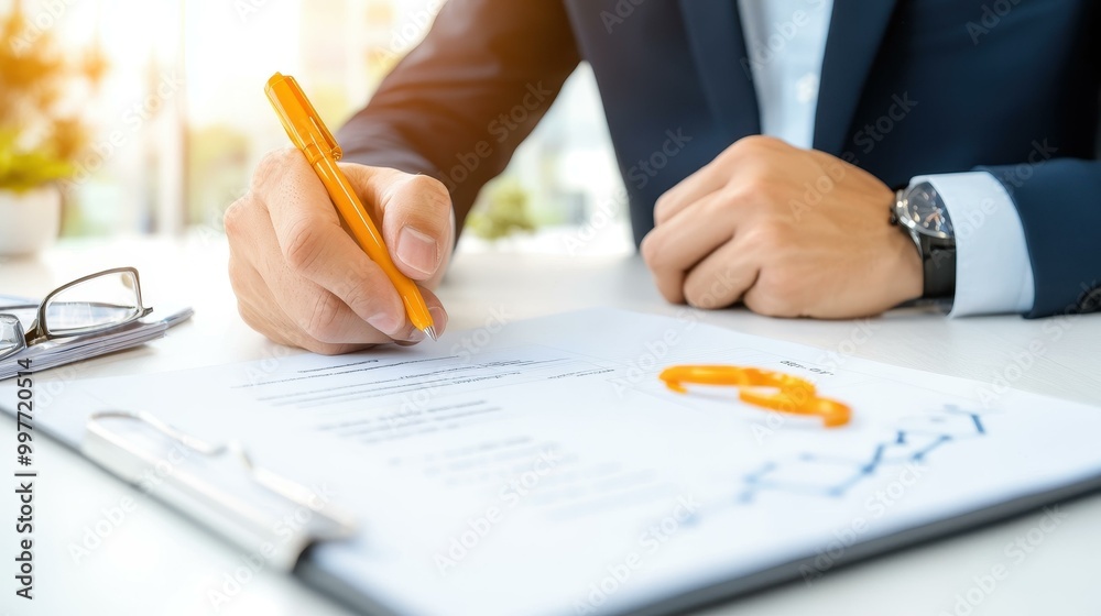 An entrepreneur reviews key documents to boost project success and enhance business results for a brighter future. An entrepreneur reviews key documents to boost project success and enhance business results for a brighter future.