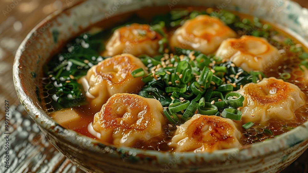 Close-up of a bowl of wonton soup Close-up of a bowl of wonton soup