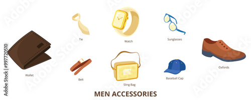Men Accessories Flat Banner Web Icon Set Vector Illustration, Tie Watch Wallet Belt Sunglasses Baseball Cap Sling Bag Oxford