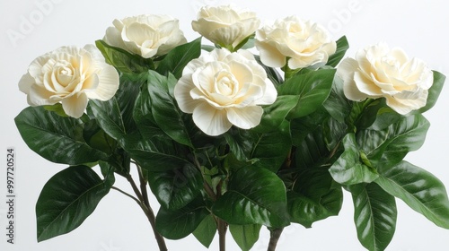 A bouquet of artificial white roses surrounded by green leaves.