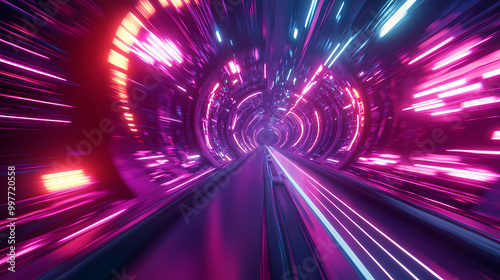 Fototapeta Naklejka Na Ścianę i Meble -  3d illustration of abstract flight in retro neon hyper warp space in the tunnel. Space Odyssey. Illustration