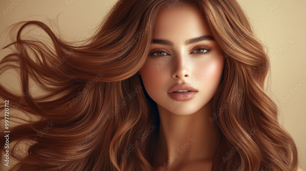 Fototapeta premium A woman with long brown hair and a nice smile. She has a nice face and is well groomed