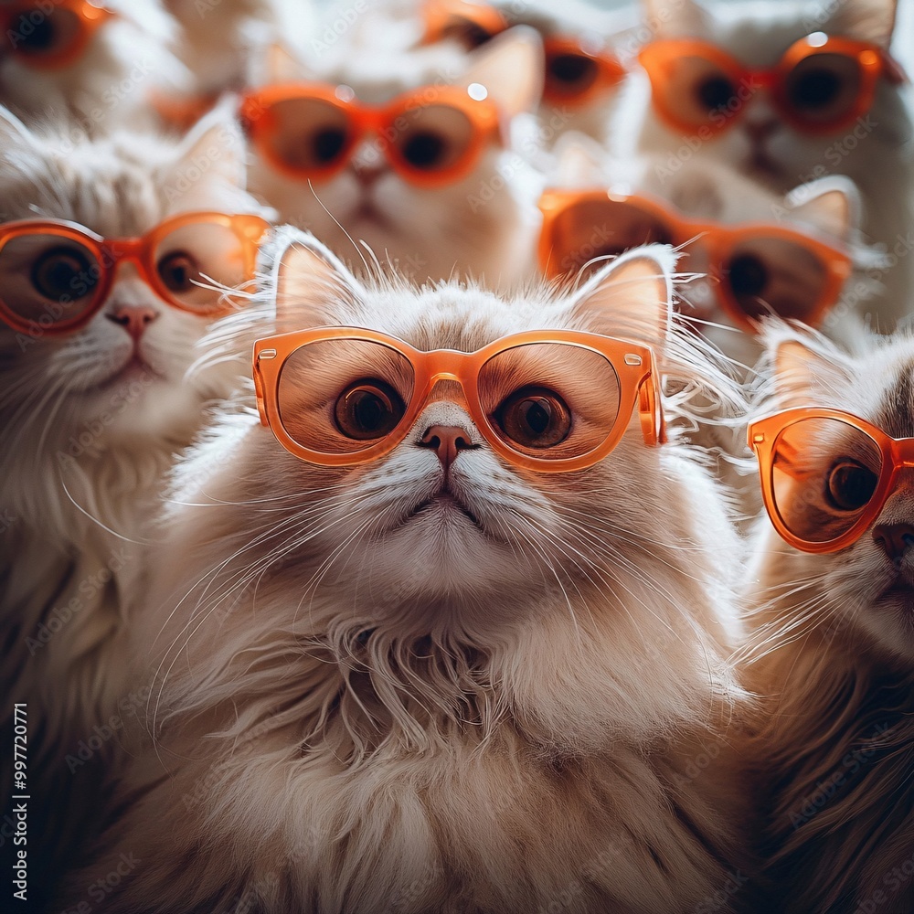 Cats wearing orange glasses, playful ambiance. Cats wearing orange glasses, playful ambiance.