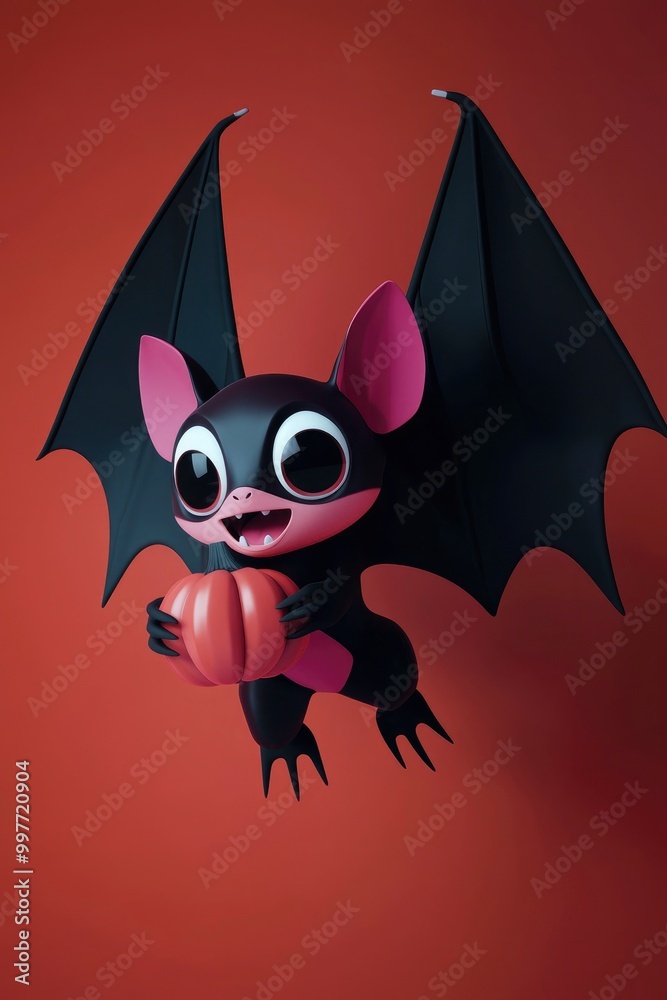 Cute Cartoon Bat Holding a Pumpkin