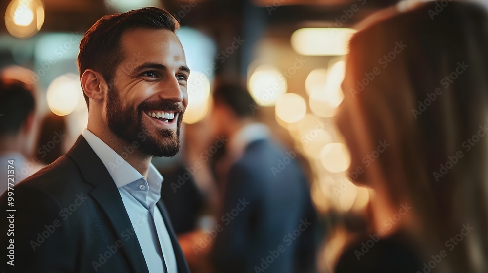 A man in a suit smiling at a woman, with a blurred background A man in a suit smiling at a woman, with a blurred background